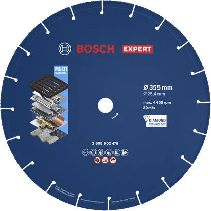 Diamantový řezný kotouč Bosch EXPERT Metal 355 mm pro více materiálů.
